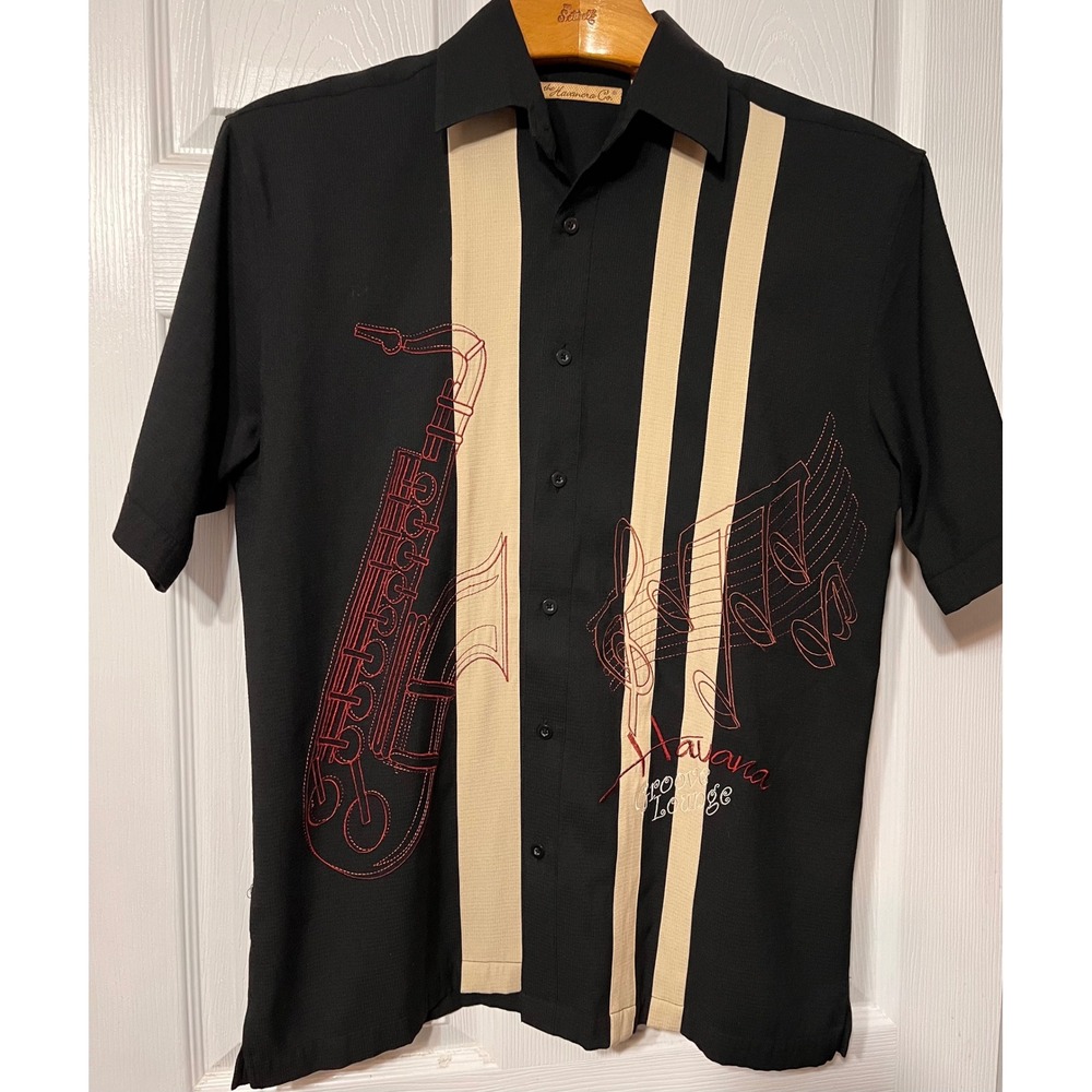 The Havanera Co Mens Black Havana Groove Lounge Jazz Saxophone Bowling Shirt M